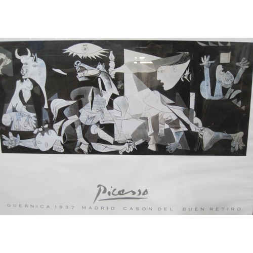 376 - A framed reproduction poster depicting Picasso's Guernica; various unframed photographic prints of F... 