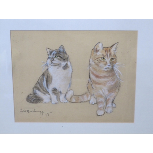 377 - F.S. Two Cats, indistinctly signed, coloured chalks, 9 x 10 1/2 in; a mixed media print on canvas af... 