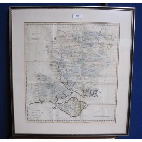 380 - An engraved coloured  map titled 'A New Map of Hampshire by William Tunnicliff, Land surveyor 1791,'... 