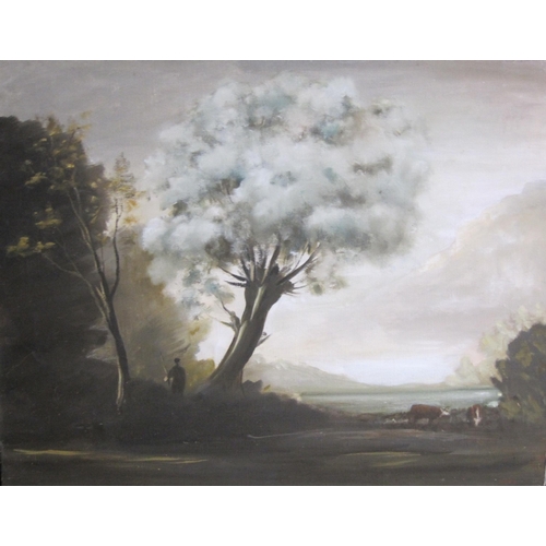 383 - PHILIP HUGH PADWICK. A wooded Lake landscape with Drover and Cattle, oil on canvas, unframed, 30 x 4... 