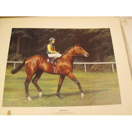 387 - A set of six colour lithographs from  'The Derby Portfolio' depicting the racehorses Mill Reef, Barh... 