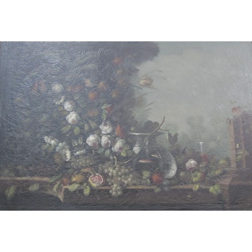 388 - CONTINENTAL SCHOOL. A Still Life of Flowers and Grapes on a Ledge, a landscape beyond, oil on canvas... 