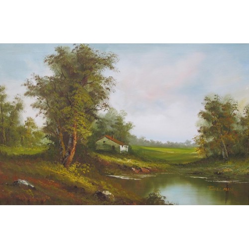 393 - FULLMAN. A River Landscape with Cottage, signed, oil on canvas, 28 x 36 in; an unframed oil on canva... 