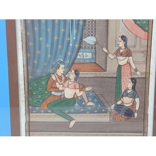 96 - MOGHUL SCHOOL: Painting on linen, Romantic Interior Scene with four figures, 8 x 7in