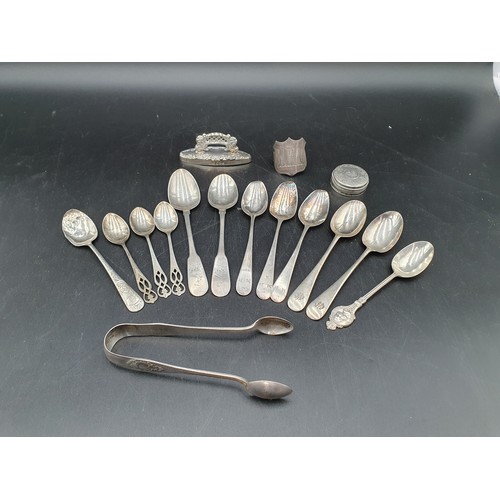 138 - Twelve Georgian and later Silver Teaspoons and Coffee Spoons, Sugar Tongs, Pepperette,  silver Lid, ... 