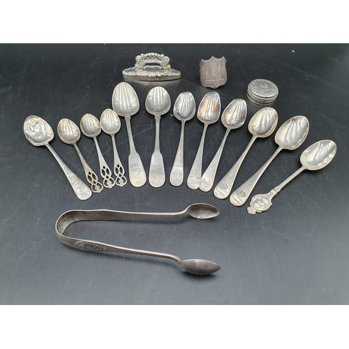 138 - Twelve Georgian and later Silver Teaspoons and Coffee Spoons, Sugar Tongs, Pepperette,  silver Lid, ... 