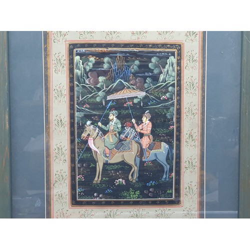 144 - MOGHUL SCHOOL: Painting of two figures on horseback in wooded landscape, 13 x 10in