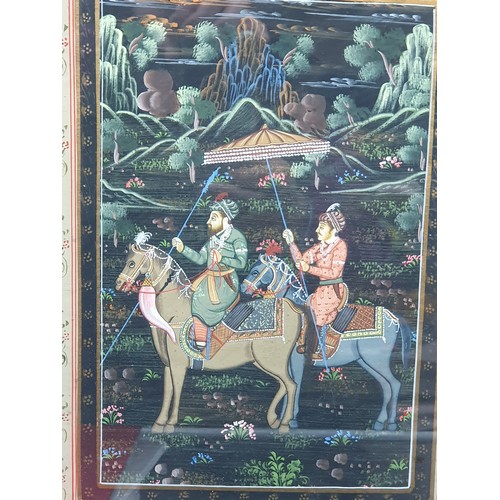 144 - MOGHUL SCHOOL: Painting of two figures on horseback in wooded landscape, 13 x 10in