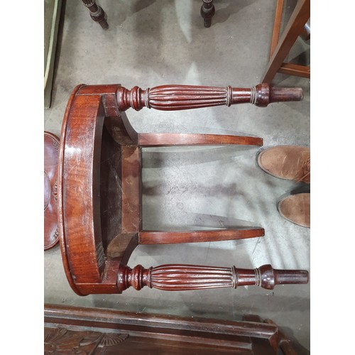 546 - A pair of Victorian mahogany Hall Chairs with carved backs and an Edwardian Elbow Chair with satinwo... 