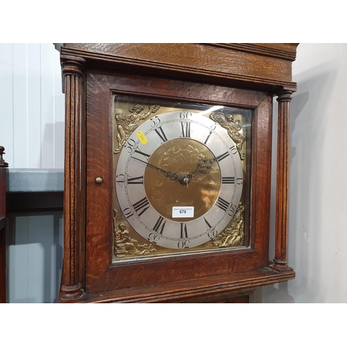 679 - An oak cased Long case Clock, with square brass Dial, silvered chapter ring, bearing makers name 