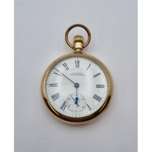 155 - An open faced keyless wind Waltham Pocket Watch the white enamel dial with roman numerals and subsid... 