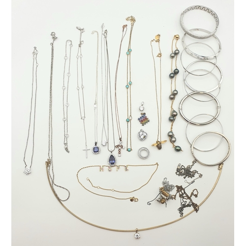 257 - A collection of eight Silver Bangles, some set cz and a number of silver and gilt metal gem-set Pend... 