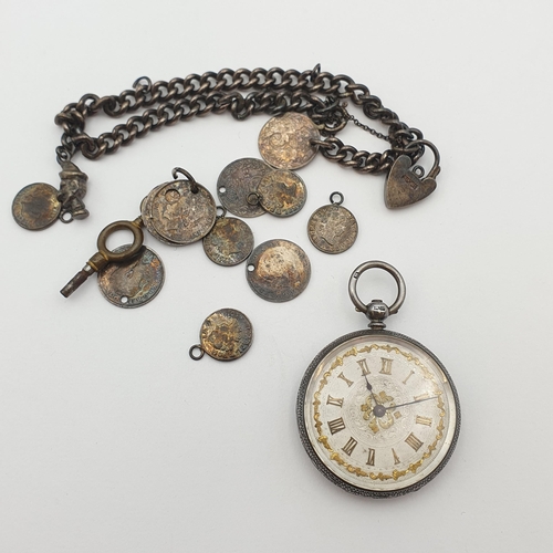 264 - A silver lady's Fob Watch having cream enamel dial with Roman numerals and applied gold detail, hall... 