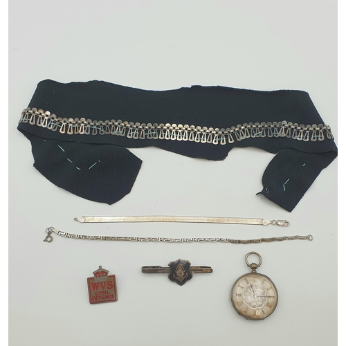 266 - A silver-plated Pocket Watch, two silver Bracelets, a Thai Silver Tie Clip, a zip-style Necklace A/F... 