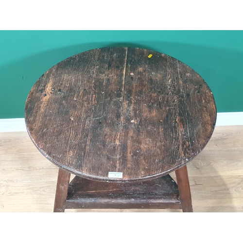 1 - An antique pine Cricket Table with circular top on splay legs with triangular under tier, 2ft 6in di... 