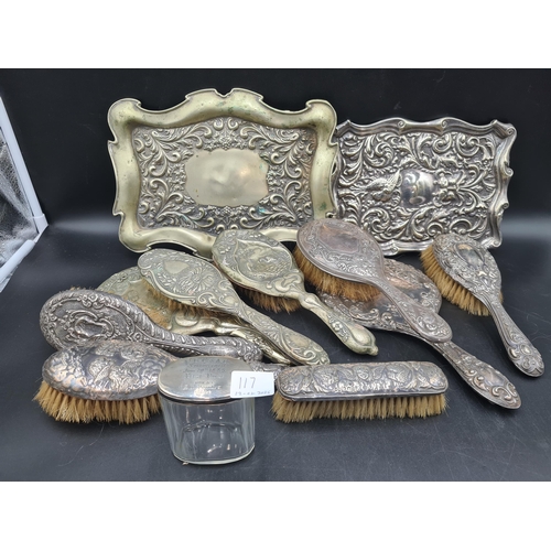 117 - Two plated Dressing Table Trays, quantity of silver mounted Dressing Table Accessories and a silver ... 