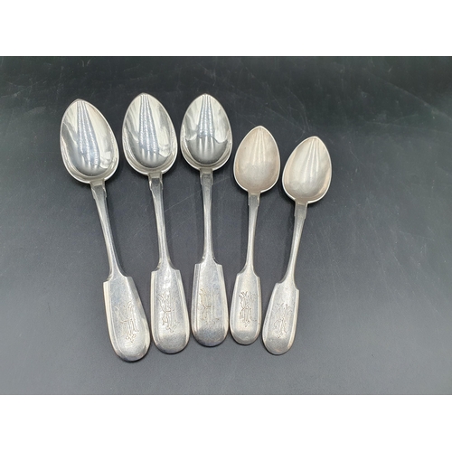 129 - Three Russian silver Dessert Spoons and two Teaspoons, fiddle pattern engraved initials, marked 84*,... 