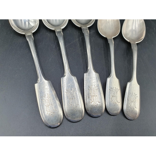 129 - Three Russian silver Dessert Spoons and two Teaspoons, fiddle pattern engraved initials, marked 84*,... 