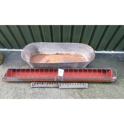 140 - A Galvanized trough a large feeder and two smaller feeders.