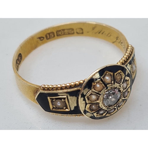 147 - A Victorian 15ct gold Mourning Ring set seed pearls and small diamond A/F, black enamel surround, Ch... 