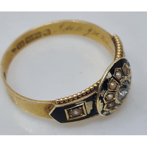 147 - A Victorian 15ct gold Mourning Ring set seed pearls and small diamond A/F, black enamel surround, Ch... 