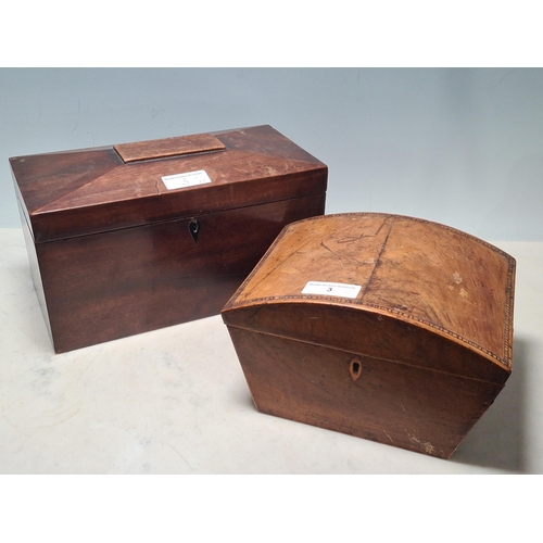 3 - A 19th century mahogany domed top Work Box and a mahogany sarcophagus Tea Caddy, lacks interior (R3)