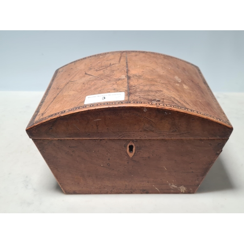 3 - A 19th century mahogany domed top Work Box and a mahogany sarcophagus Tea Caddy, lacks interior (R3)