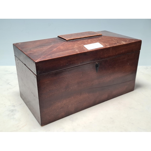 3 - A 19th century mahogany domed top Work Box and a mahogany sarcophagus Tea Caddy, lacks interior (R3)