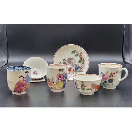 311 - Three famille rose Coffee Cans painted figures and flowers, a Tea Bowl (chipped) and a Tea Bowl and ... 