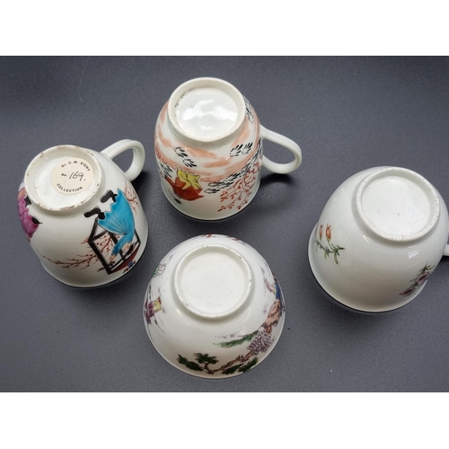 311 - Three famille rose Coffee Cans painted figures and flowers, a Tea Bowl (chipped) and a Tea Bowl and ... 