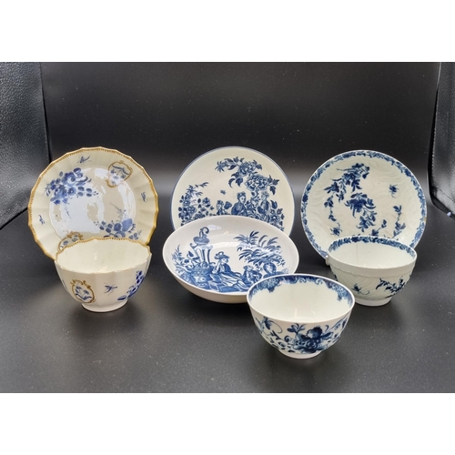 313 - Three Worcester blue and white Saucers, a blue and gilt Saucer and Tea Bowl and two other Tea Bowls ... 