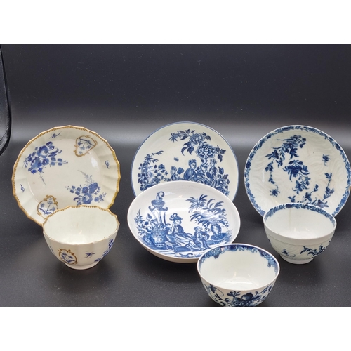 313 - Three Worcester blue and white Saucers, a blue and gilt Saucer and Tea Bowl and two other Tea Bowls ... 