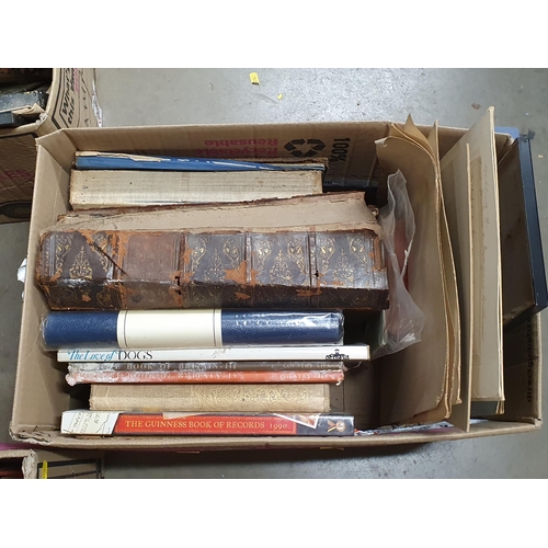 325 - Three boxes of assorted Books, Photographs, Prints, two Fans, an embossed Verse Plaque, etc, (R4)