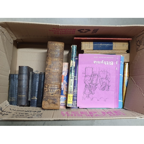 325 - Three boxes of assorted Books, Photographs, Prints, two Fans, an embossed Verse Plaque, etc, (R4)