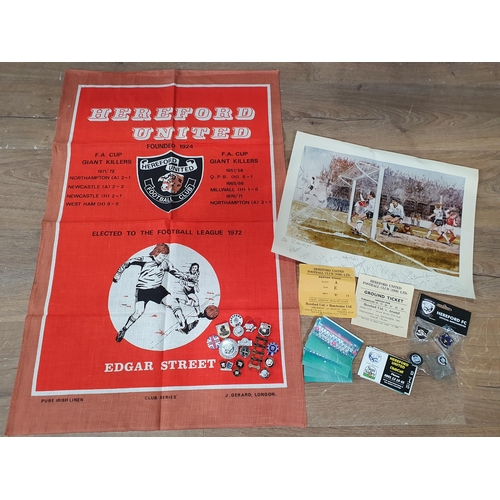 42 - Hereford United Football interest including Badges, a Picture, Tickets and a FA Cup Giant Killers Te... 