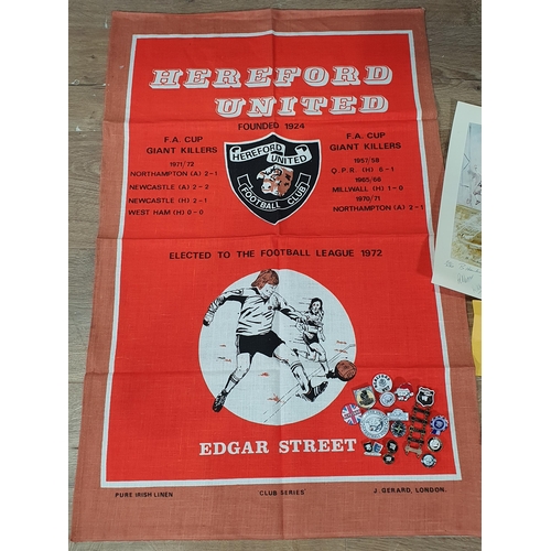 42 - Hereford United Football interest including Badges, a Picture, Tickets and a FA Cup Giant Killers Te... 