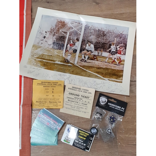 42 - Hereford United Football interest including Badges, a Picture, Tickets and a FA Cup Giant Killers Te... 