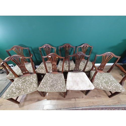 494 - A set of Nine mahogany Hepplewhite style splat back Dining Chairs with green and beige floral uphols... 