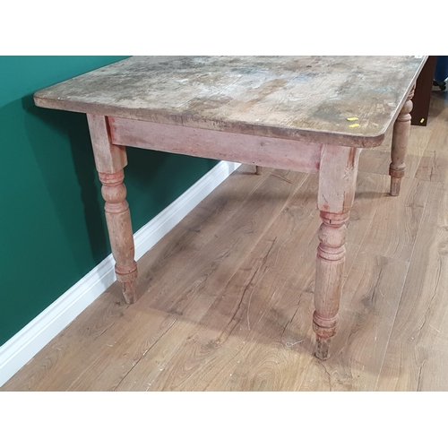 496 - A pine Kitchen Table with single fitted drawer and raised on turned supports, 2ft 6in High x 5ft Lon... 