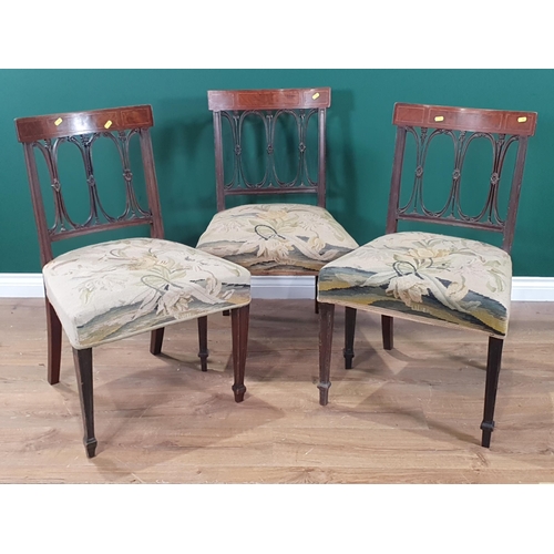 500 - A set of three 19th Century mahogany Dining Chairs with scrolled splat backs stuff-over seats on squ... 