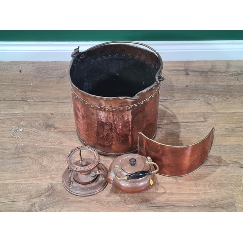 520 - A riveted copper Coal Bucket, a copper Burner and Kettle and a copper Guard. (R6).