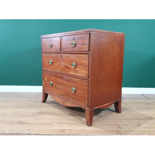 523 - A mahogany Chest of two short over long Drawers with shaped apron and splayed bracket supports, A/F,... 