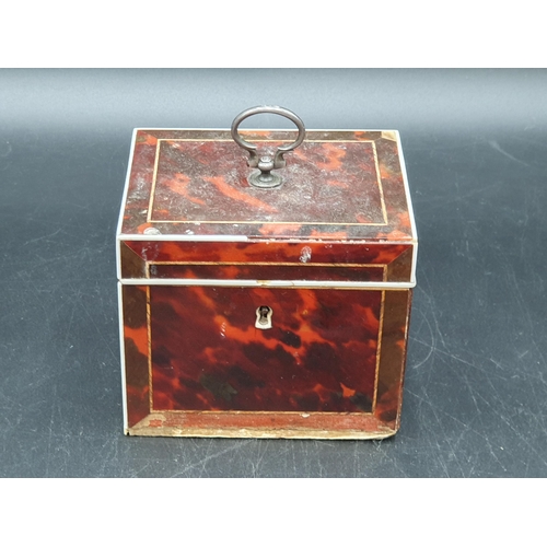 53 - A 19th Century red tortoiseshell Tea Caddy with inlaid stringing, loop handle,  4 x 3in, A/F, (R1)