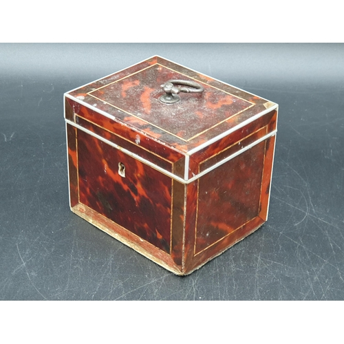 53 - A 19th Century red tortoiseshell Tea Caddy with inlaid stringing, loop handle,  4 x 3in, A/F, (R1)