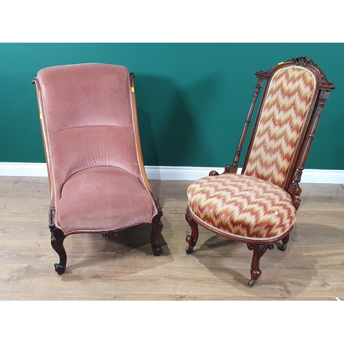 551 - A pink upholstered Nursing Chair with mahogany frame, raised on scrolled cabriole front supports, an... 