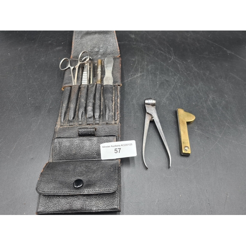 57 - A steel Bullet Mould, brass cased Bleeding Knife and a part Set of field surgeon's Instruments