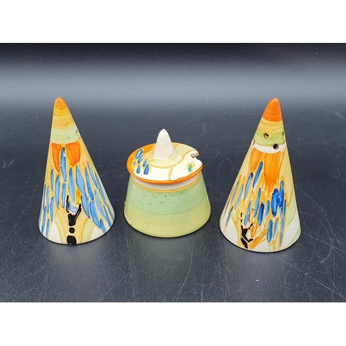 58 - A Clarice Cliff three piece Condiment Set of conical form painted blue, orange and mauve stylised fl... 