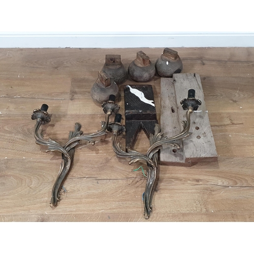 584 - A pair of gilt metal two-branch Wall Lights, and four oak furniture feet, etc, (R7)