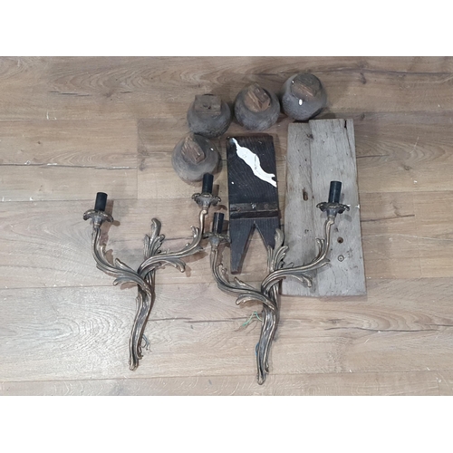 584 - A pair of gilt metal two-branch Wall Lights, and four oak furniture feet, etc, (R7)