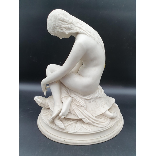 59 - A 19th century parian Figure of Goddess Latona resting on a turtle on oval base, 14 1/2in